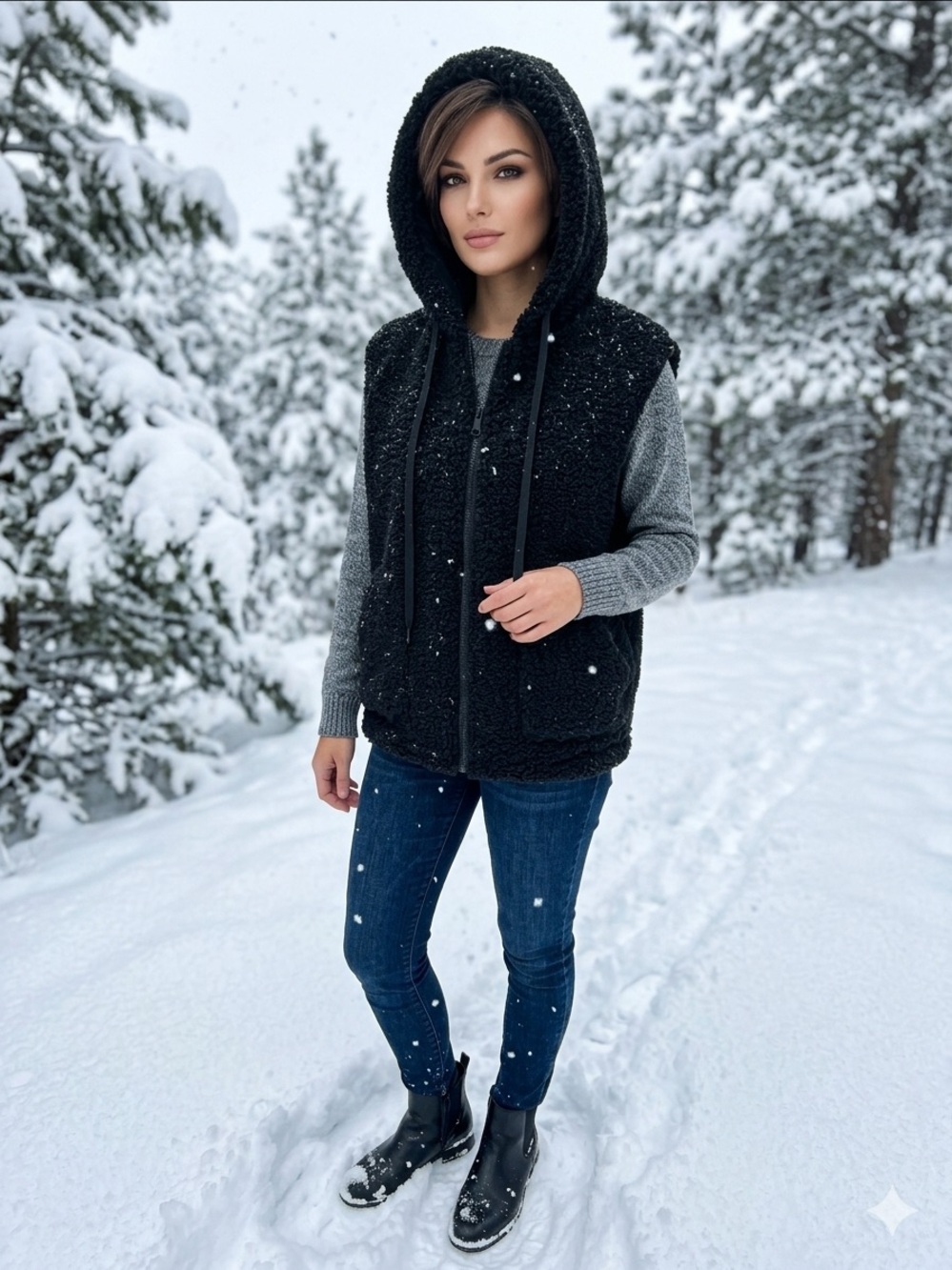 Evereve Seneca Black Faux Sherpa Hooded Zip Vest - NWT